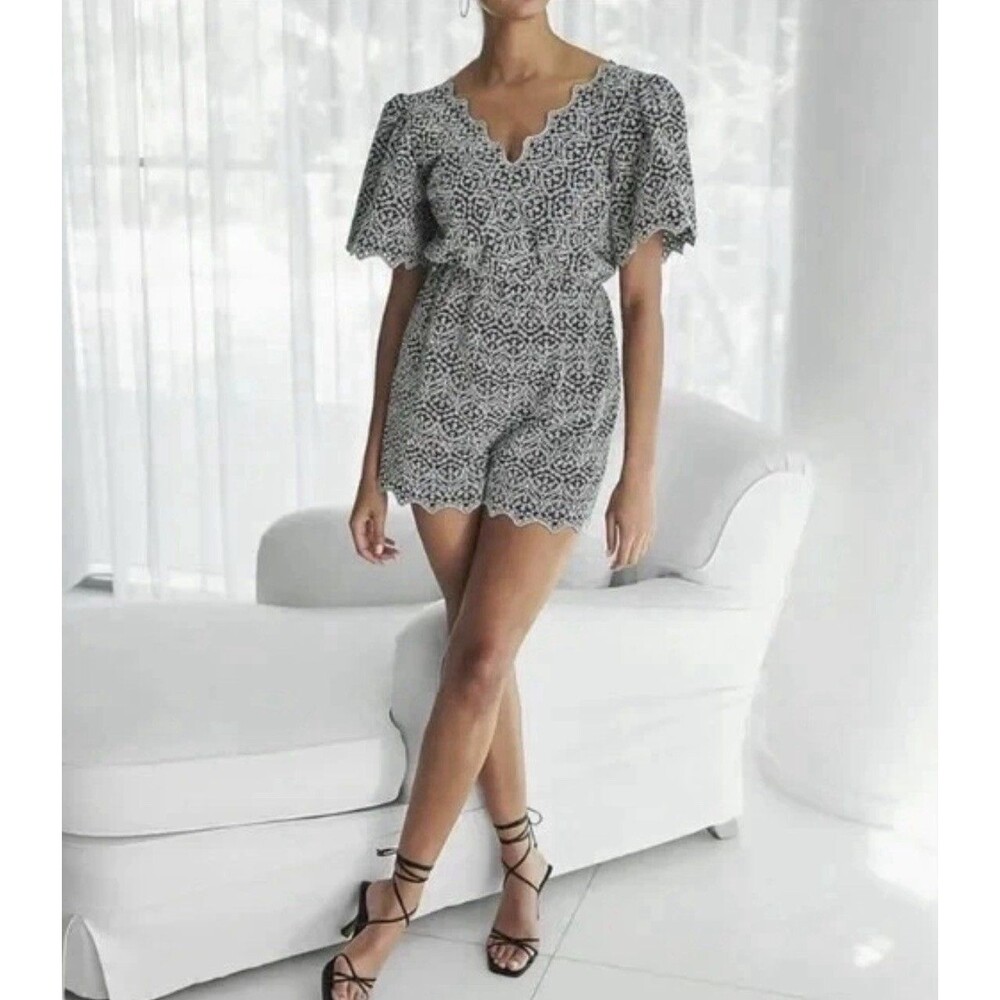 Express Women's Black and White Eyelet Playsuit Short Formal Romper Sz Large